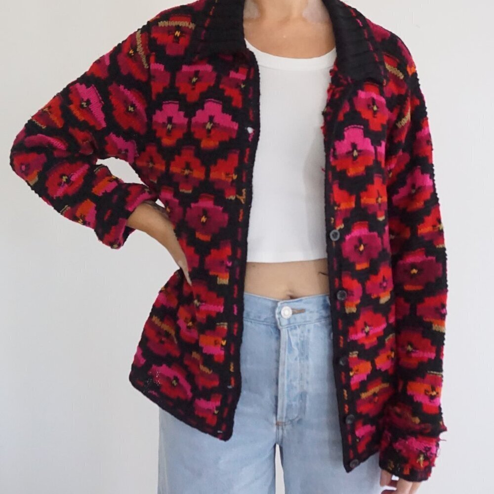 Vintage David Brooks Black Pink Hand Knit Floral Checkered Grandpa Cardigan M